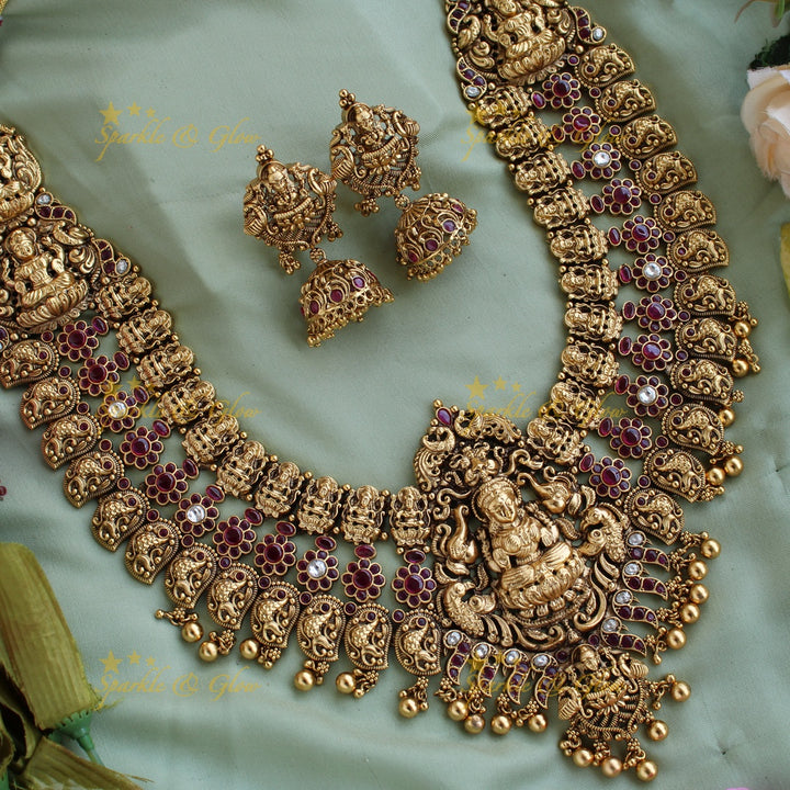 Grand gold alike Lakshmi peacock floral kemp stone layer bridal long necklace with gold beads