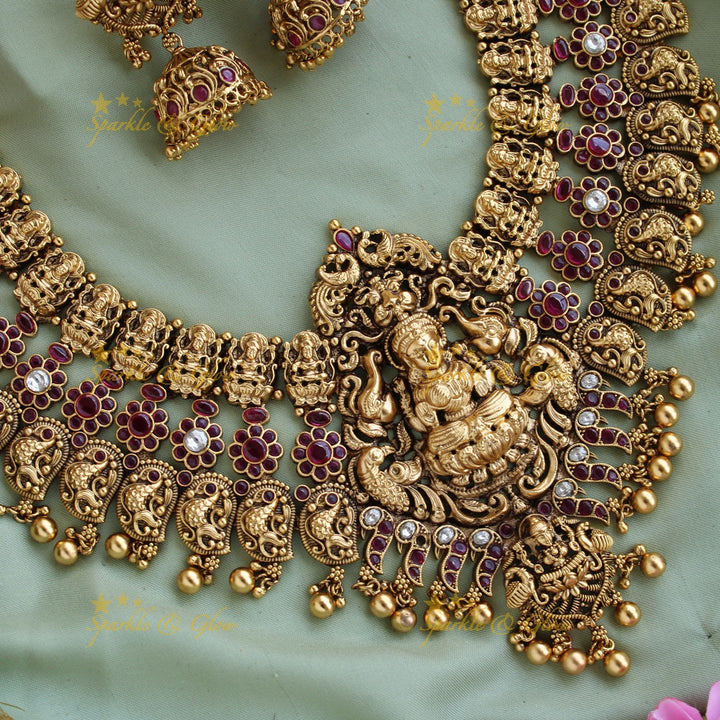 Grand gold alike Lakshmi peacock floral kemp stone layer bridal long necklace with gold beads