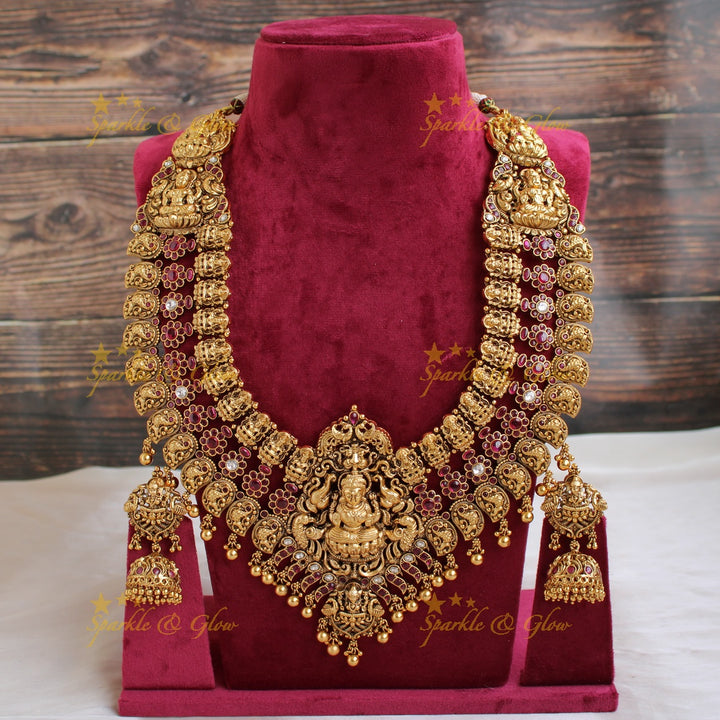 Grand gold alike Lakshmi peacock floral kemp stone layer bridal long necklace with gold beads