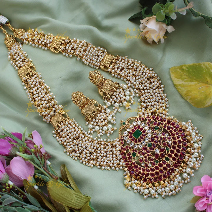 Gorgeous kemp stone pendent elephant carved long necklace with gold cluster - Sparkle and Glow