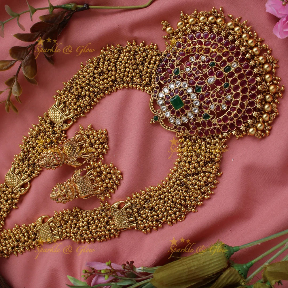 Gorgeous kemp stone pendent elephant carved long necklace with gold cluster - Sparkle and Glow