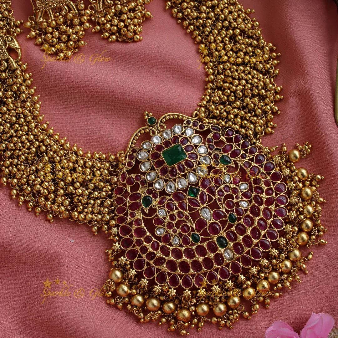Gorgeous kemp stone pendent elephant carved long necklace with gold cluster - Sparkle and Glow