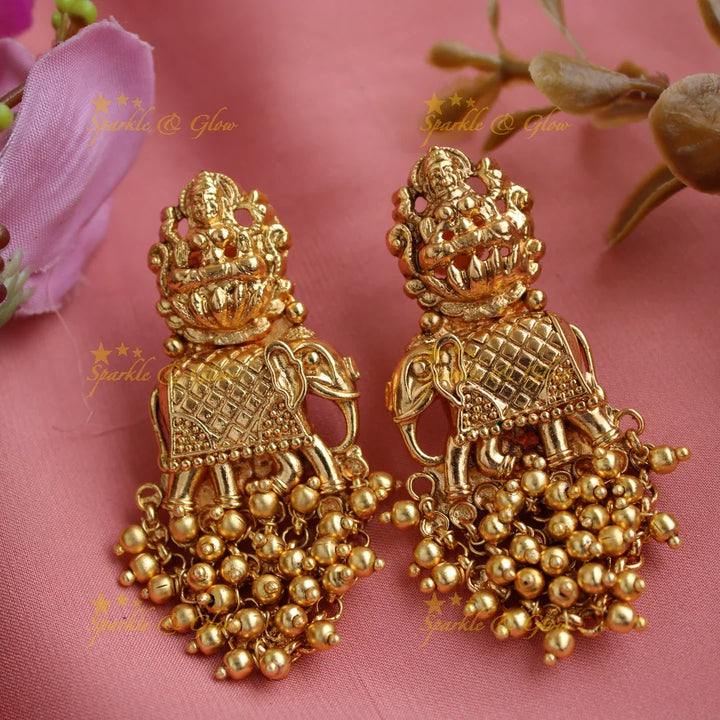 Gorgeous kemp stone pendent elephant carved long necklace with gold cluster - Sparkle and Glow