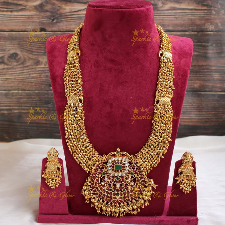 Gorgeous kemp stone pendent elephant carved long necklace with gold cluster - Sparkle and Glow