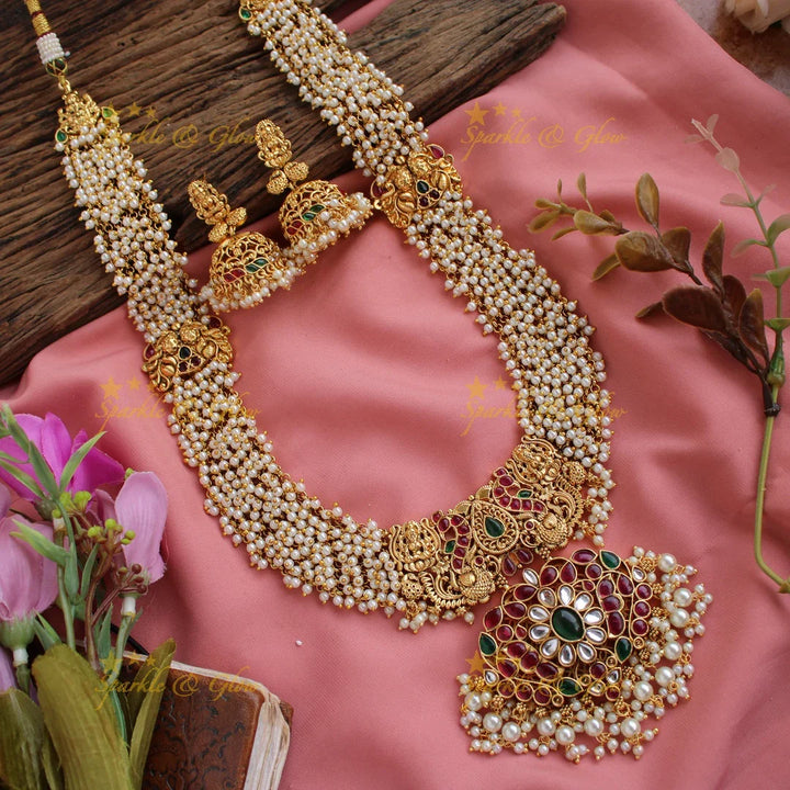 Beautiful grand lakshmi peacock design kemp stone pendent long necklace with gold cluster - Sparkle and Glow
