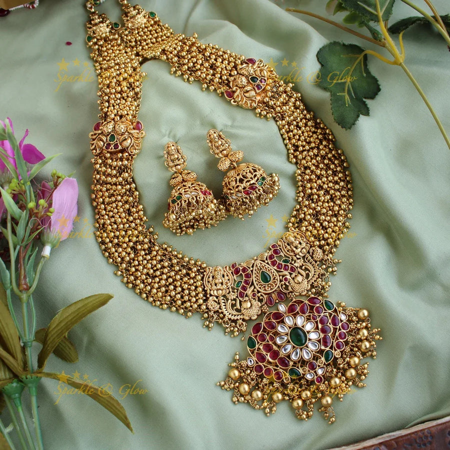 Beautiful grand lakshmi peacock design kemp stone pendent long necklace with gold cluster - Sparkle and Glow