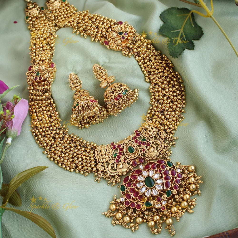 Beautiful grand lakshmi peacock design kemp stone pendent long necklace with gold cluster - Sparkle and Glow