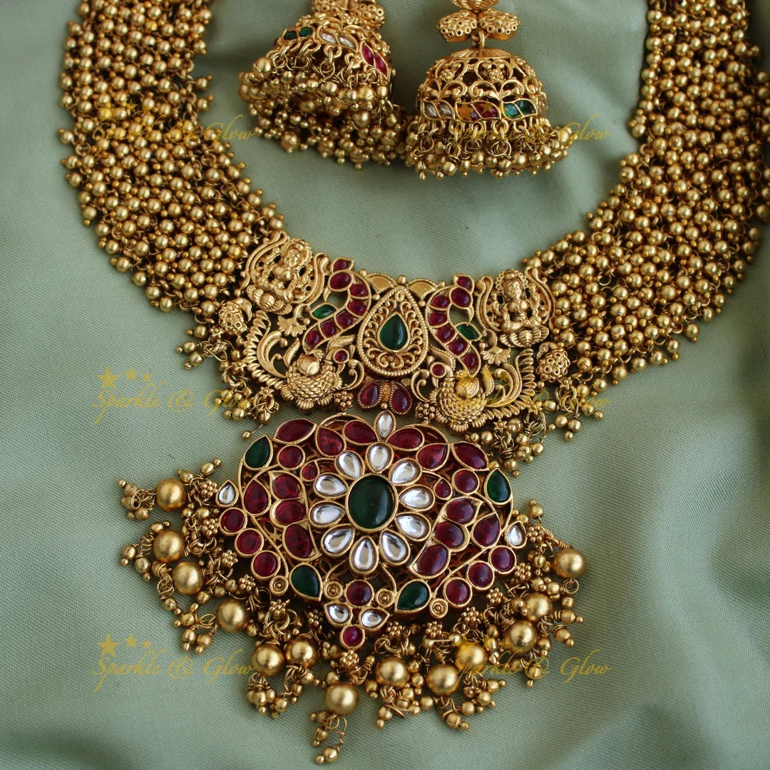Beautiful grand lakshmi peacock design kemp stone pendent long necklace with gold cluster - Sparkle and Glow