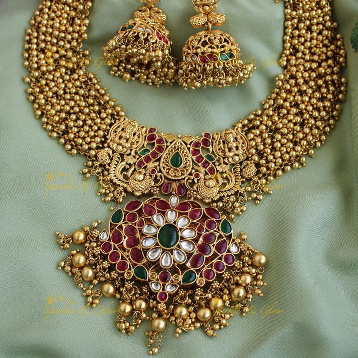 Beautiful grand lakshmi peacock design kemp stone pendent long necklace with gold cluster - Sparkle and Glow