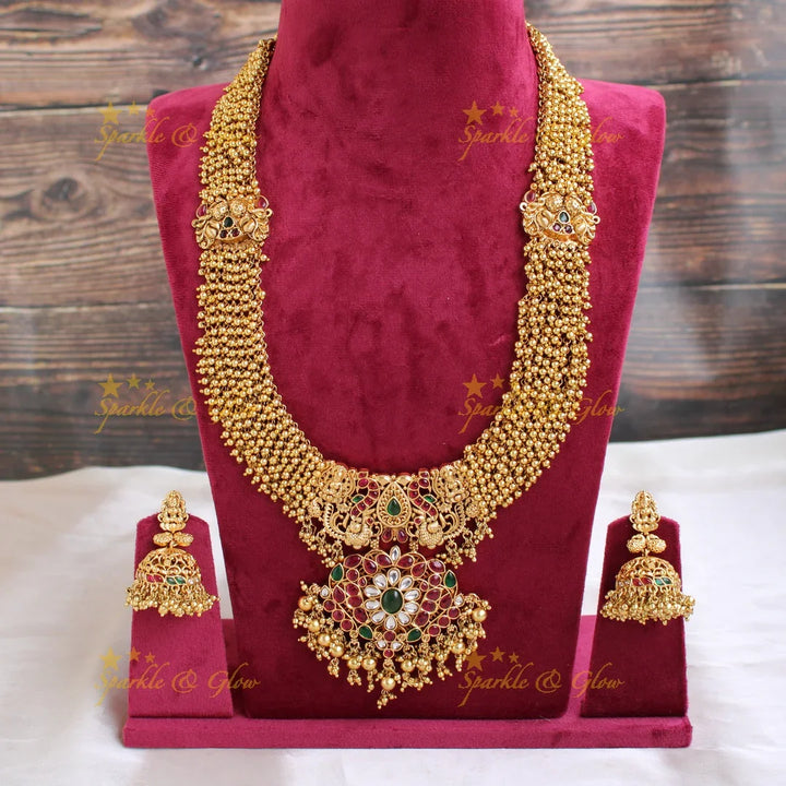 Beautiful grand lakshmi peacock design kemp stone pendent long necklace with gold cluster - Sparkle and Glow
