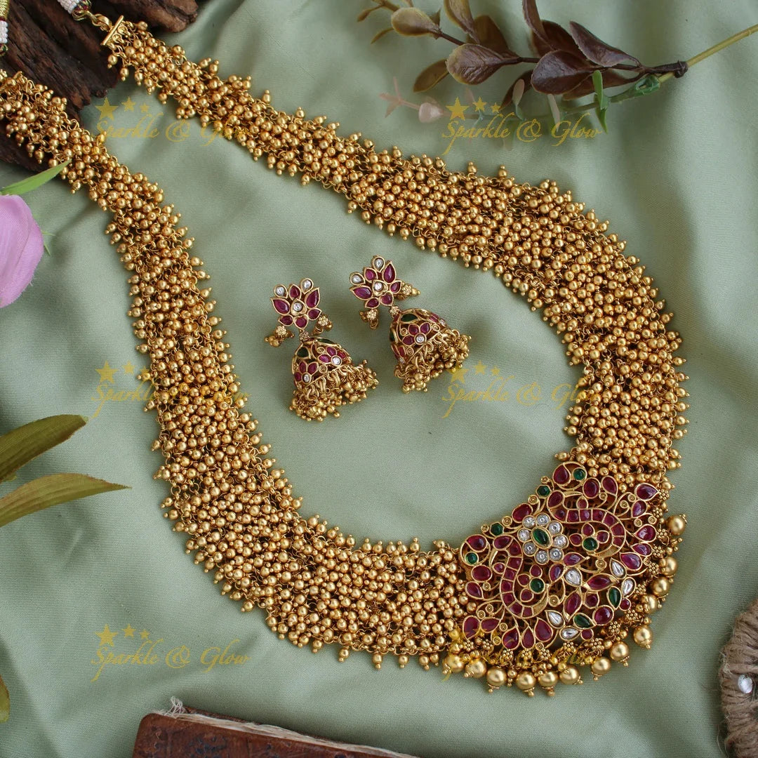 Exclusive grand peacock floral design kemp stone pendent long necklace with pearl cluster - Sparkle and Glow
