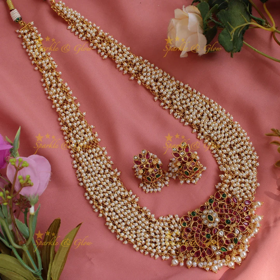 Exclusive grand peacock floral design kemp stone pendent long necklace with pearl cluster - Sparkle and Glow