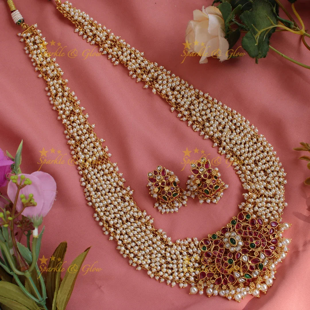 Exclusive grand peacock floral design kemp stone pendent long necklace with pearl cluster - Sparkle and Glow