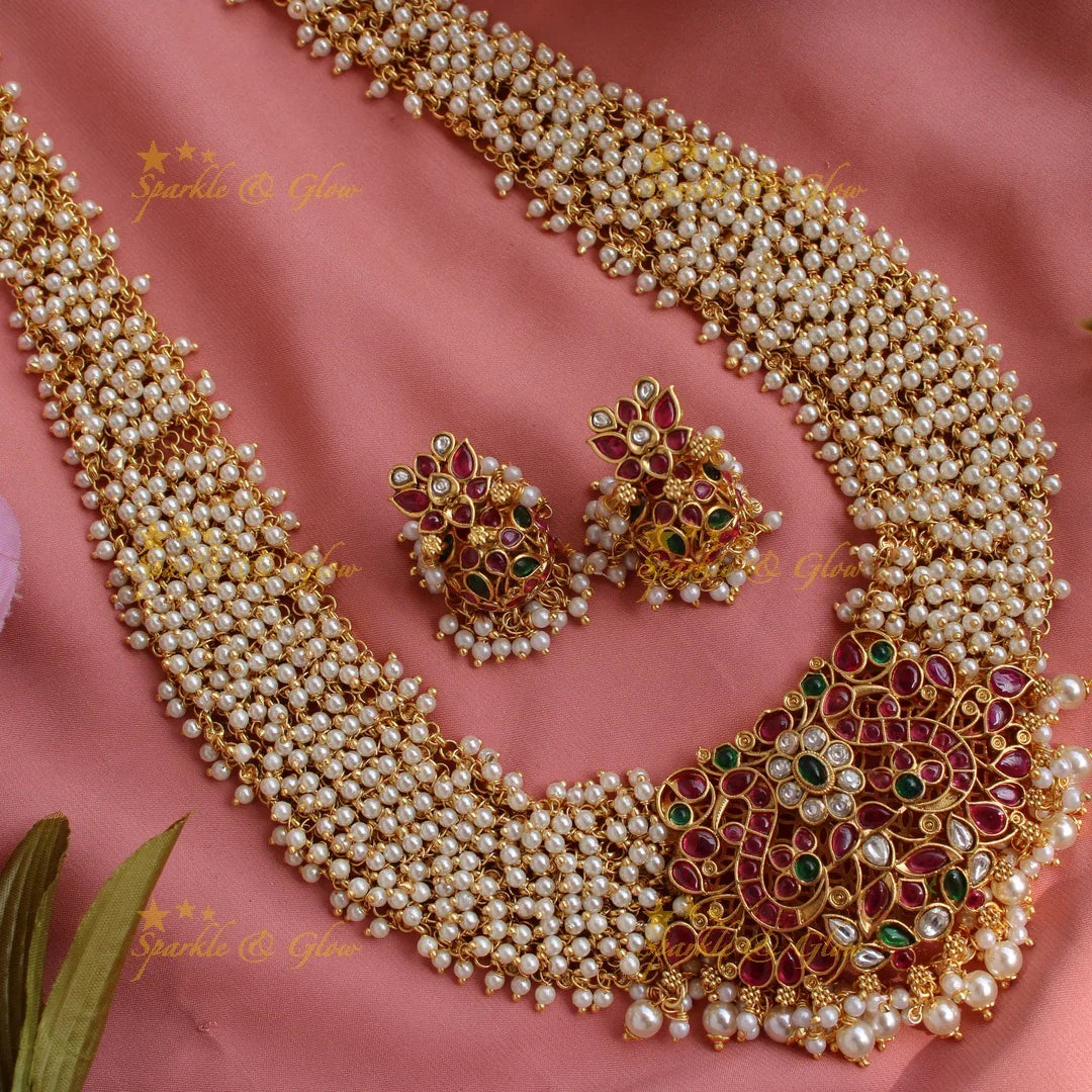 Exclusive grand peacock floral design kemp stone pendent long necklace with pearl cluster - Sparkle and Glow