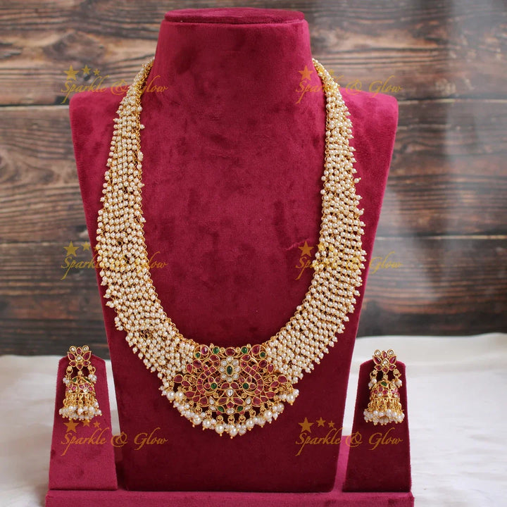 Exclusive grand peacock floral design kemp stone pendent long necklace with pearl cluster - Sparkle and Glow