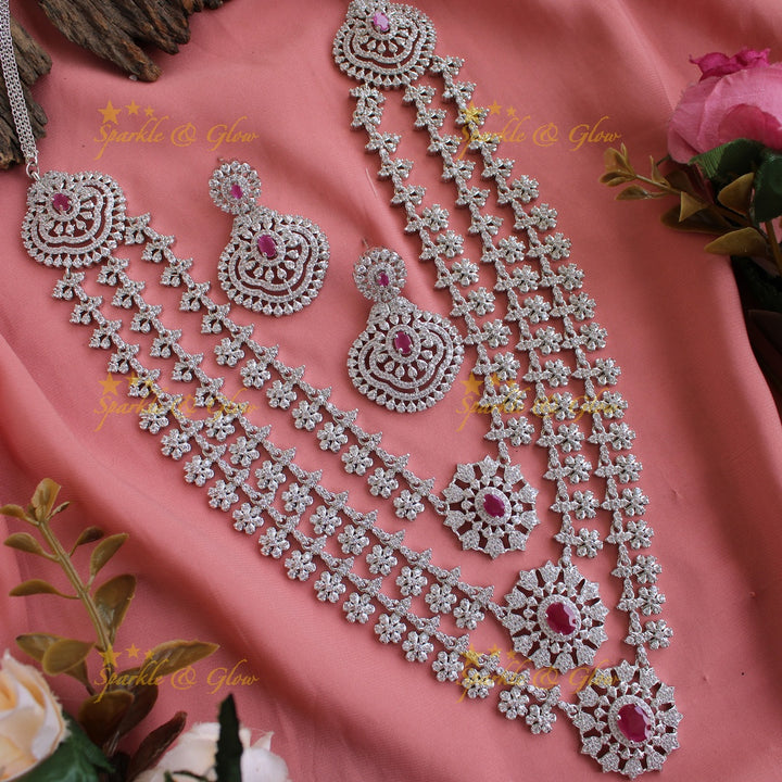 Sparkling American diamond multi layer silver poslish long necklace with sapphire - blue