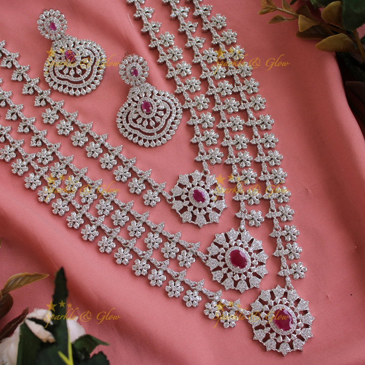 Sparkling American diamond multi layer silver poslish long necklace with ruby - pink