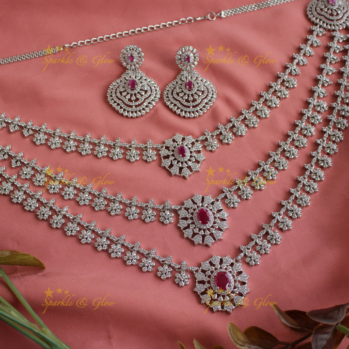 Sparkling American diamond multi layer silver poslish long necklace with ruby - pink