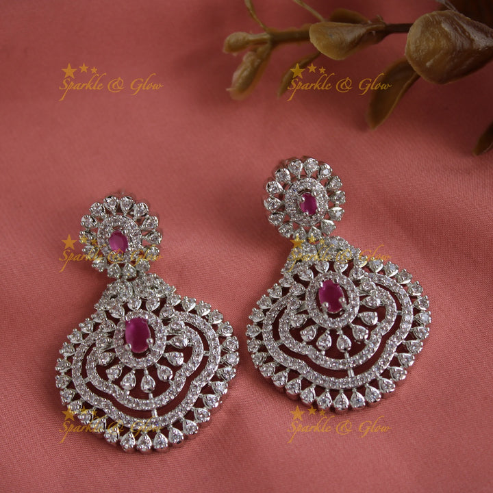 Sparkling American diamond multi layer silver poslish long necklace with ruby - pink