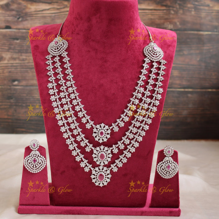 Sparkling American diamond multi layer silver poslish long necklace with ruby - pink