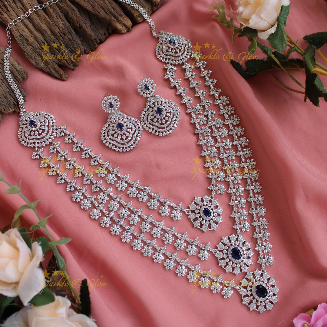 Sparkling American diamond multi layer silver poslish long necklace with sapphire - blue