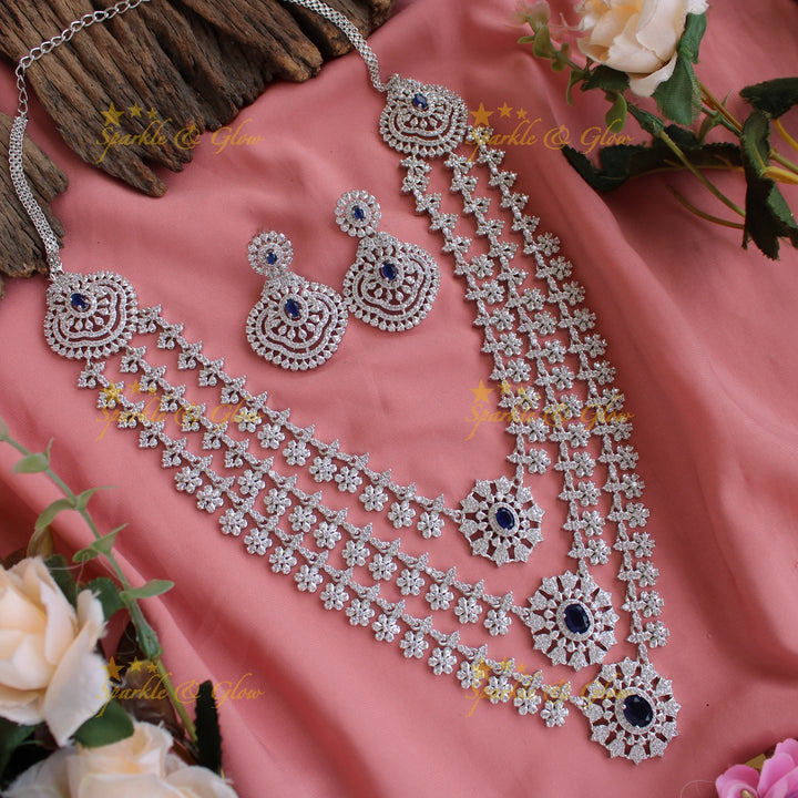 Sparkling American diamond multi layer silver poslish long necklace with sapphire - blue