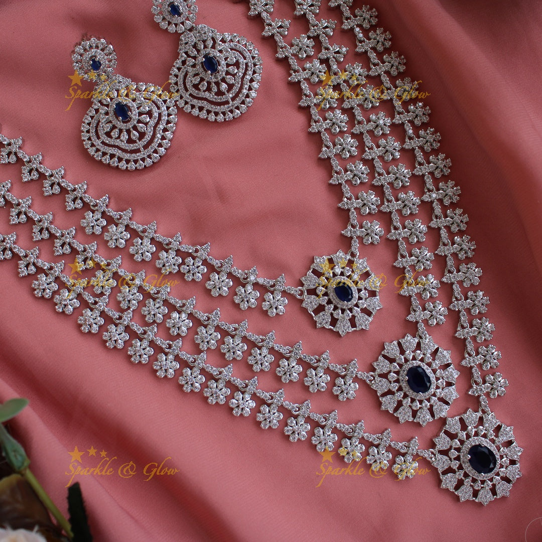 Sparkling American diamond multi layer silver poslish long necklace with sapphire - blue