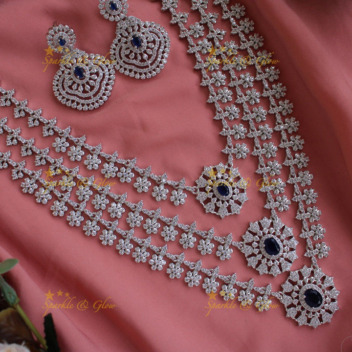 Sparkling American diamond multi layer silver poslish long necklace with sapphire - blue
