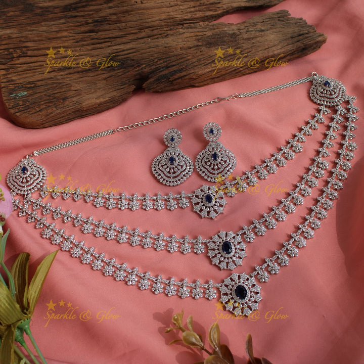 Sparkling American diamond multi layer silver poslish long necklace with sapphire - blue