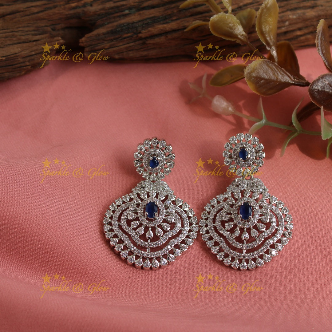 Sparkling American diamond multi layer silver poslish long necklace with sapphire - blue
