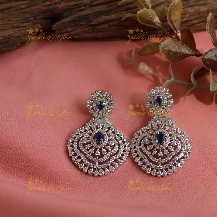 Sparkling American diamond multi layer silver poslish long necklace with sapphire - blue