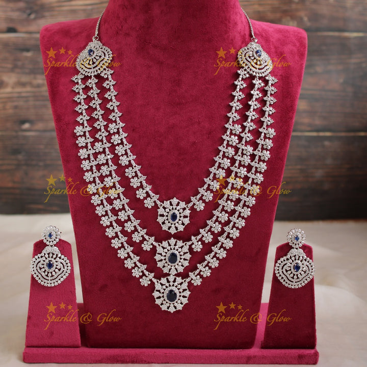 Sparkling American diamond multi layer silver poslish long necklace with sapphire - blue