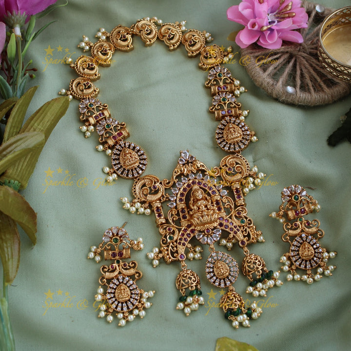 Exquisite Lakshmi peacock floral design CZ stone short necklace with ruby emerald and pearls