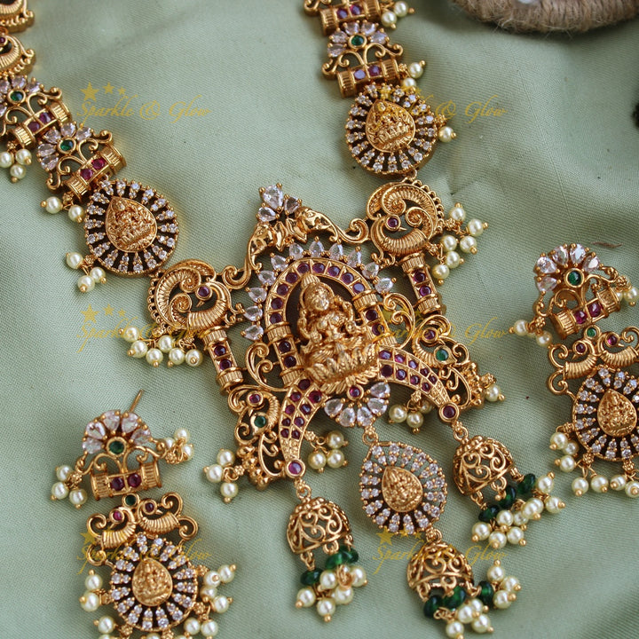 Exquisite Lakshmi peacock floral design CZ stone short necklace with ruby emerald and pearls