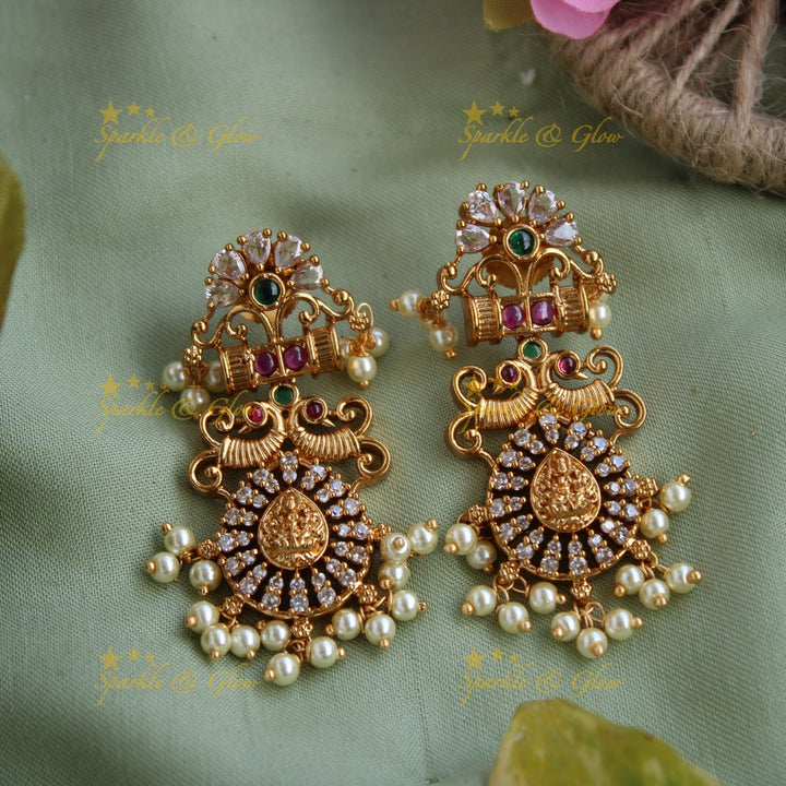 Exquisite Lakshmi peacock floral design CZ stone short necklace with ruby emerald and pearls