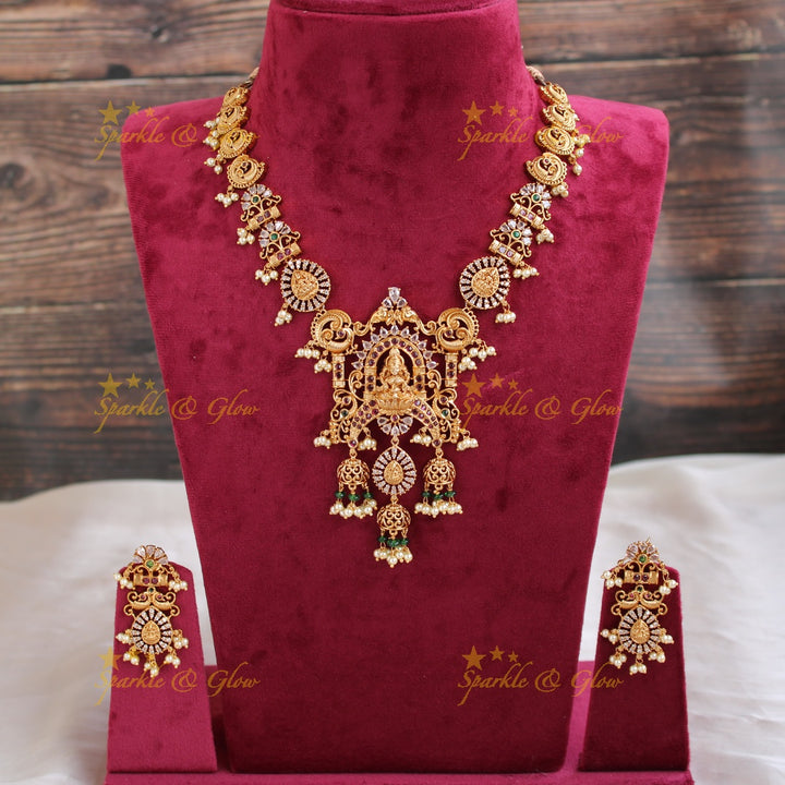 Exquisite Lakshmi peacock floral design CZ stone short necklace with ruby emerald and pearls