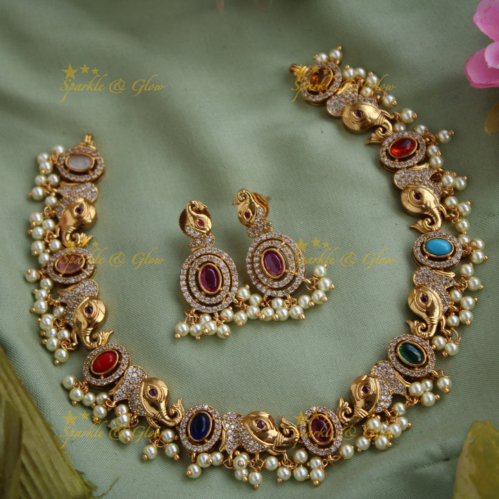 Stunning Elpehant Navaratna CZ stone gutta pusalu short necklace