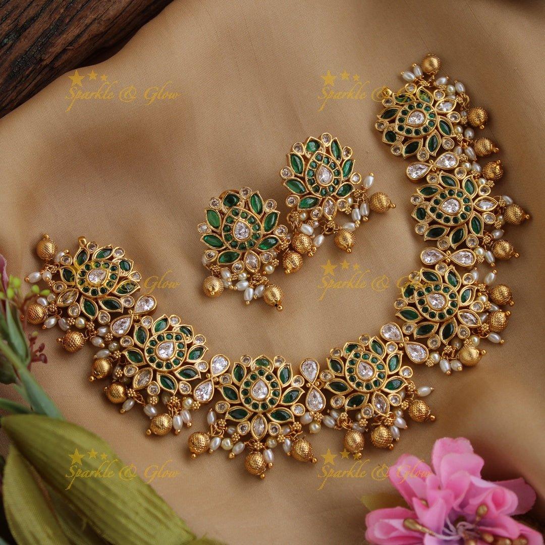 Elegant Lotus jadau short necklace with gold beads and rice pearls - Sparkle and Glow