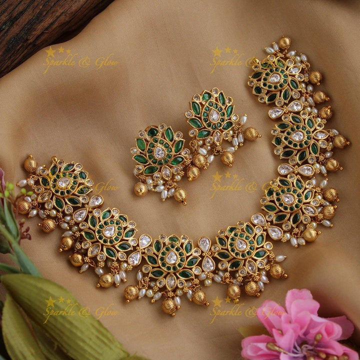 Elegant Lotus jadau short necklace with gold beads and rice pearls - Sparkle and Glow