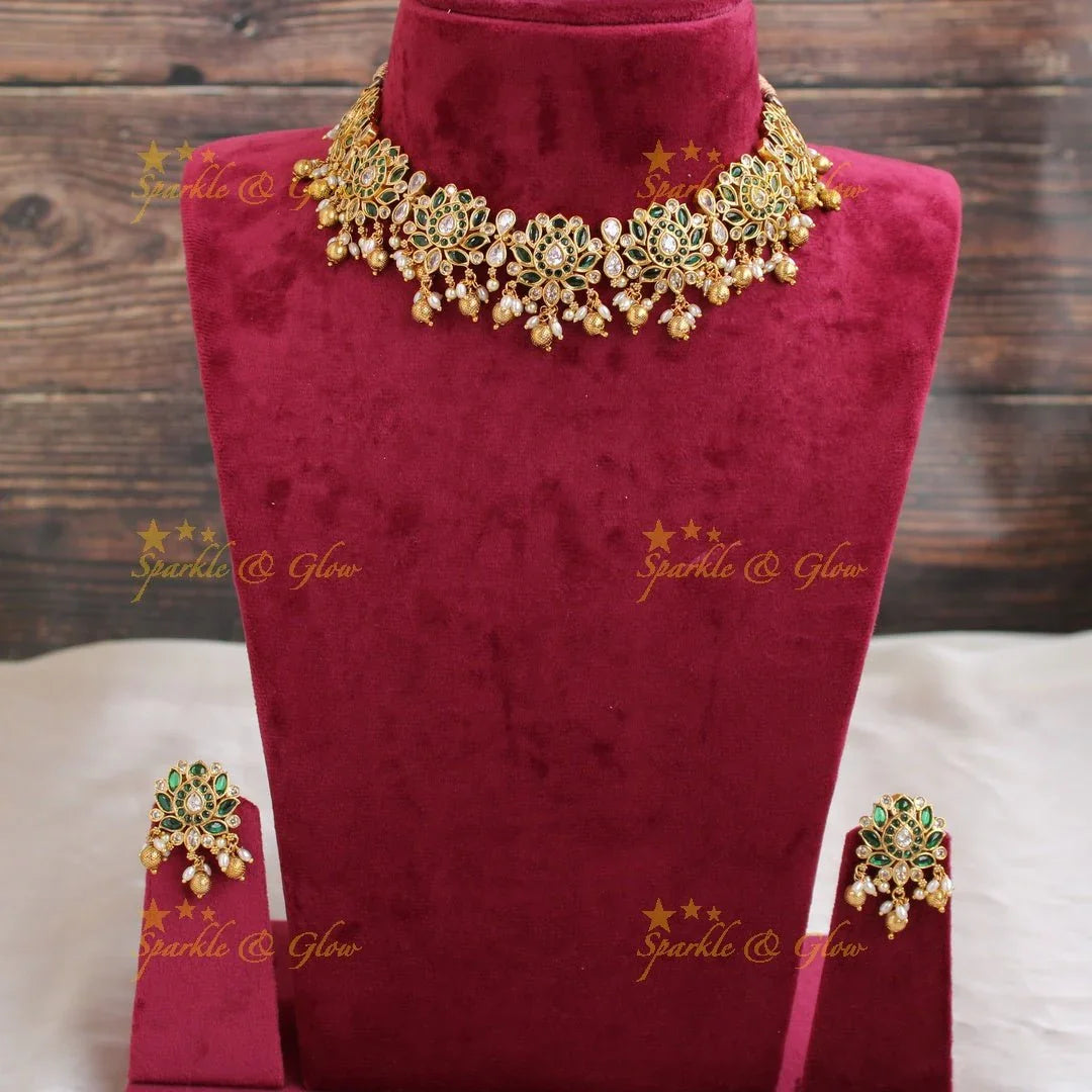 Elegant Lotus jadau short necklace with gold beads and rice pearls - Sparkle and Glow