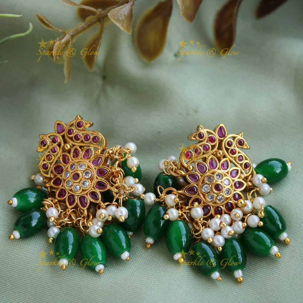 Statement floral and peacock pendent kemp stone short necklace with pearls and green beads - Sparkle and Glow