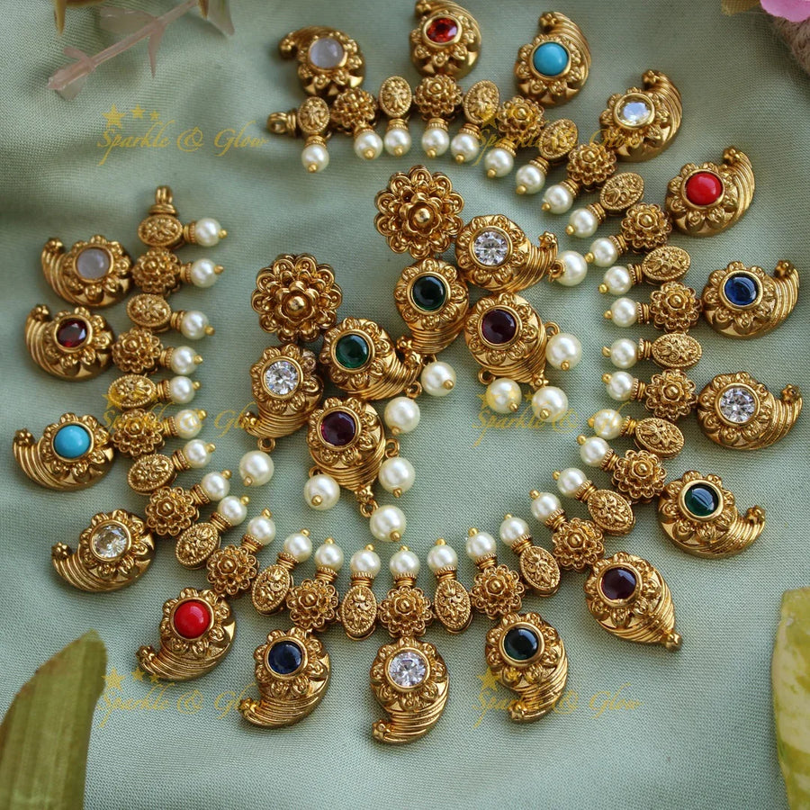 Elegant floral and mango design navartna short necklace with pearls - Sparkle and Glow