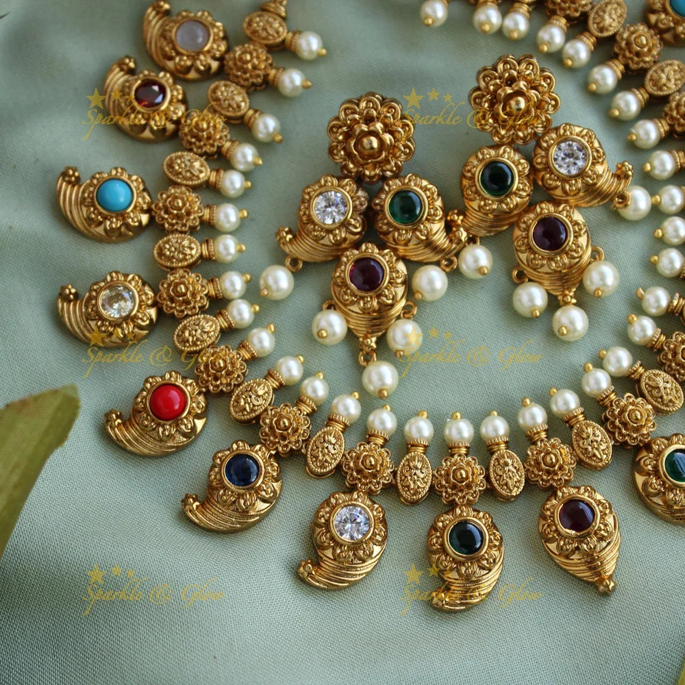Elegant floral and mango design navartna short necklace with pearls - Sparkle and Glow