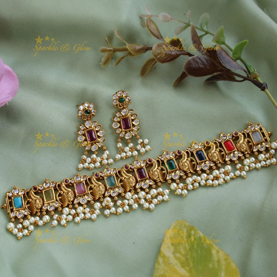 Stunning peacock and floral Navaratna gutta pusalu choker with CZ stones - Sparkle and Glow