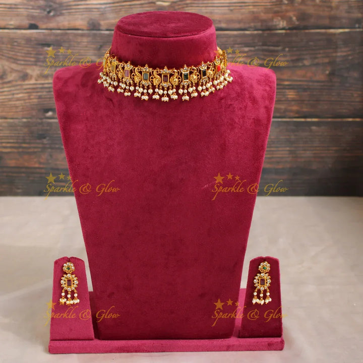 Stunning peacock and floral Navaratna gutta pusalu choker with CZ stones - Sparkle and Glow