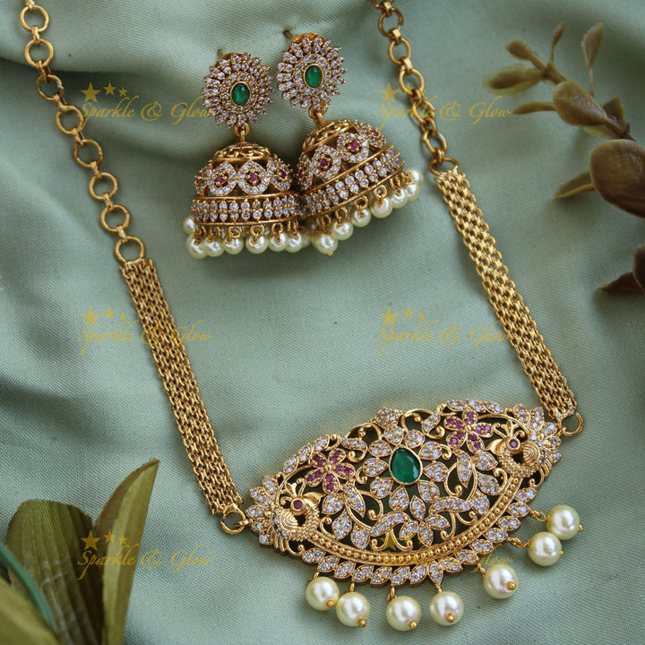 Beautiful Peacock floral pendent CZ stone choker with ruby emerald and pearls