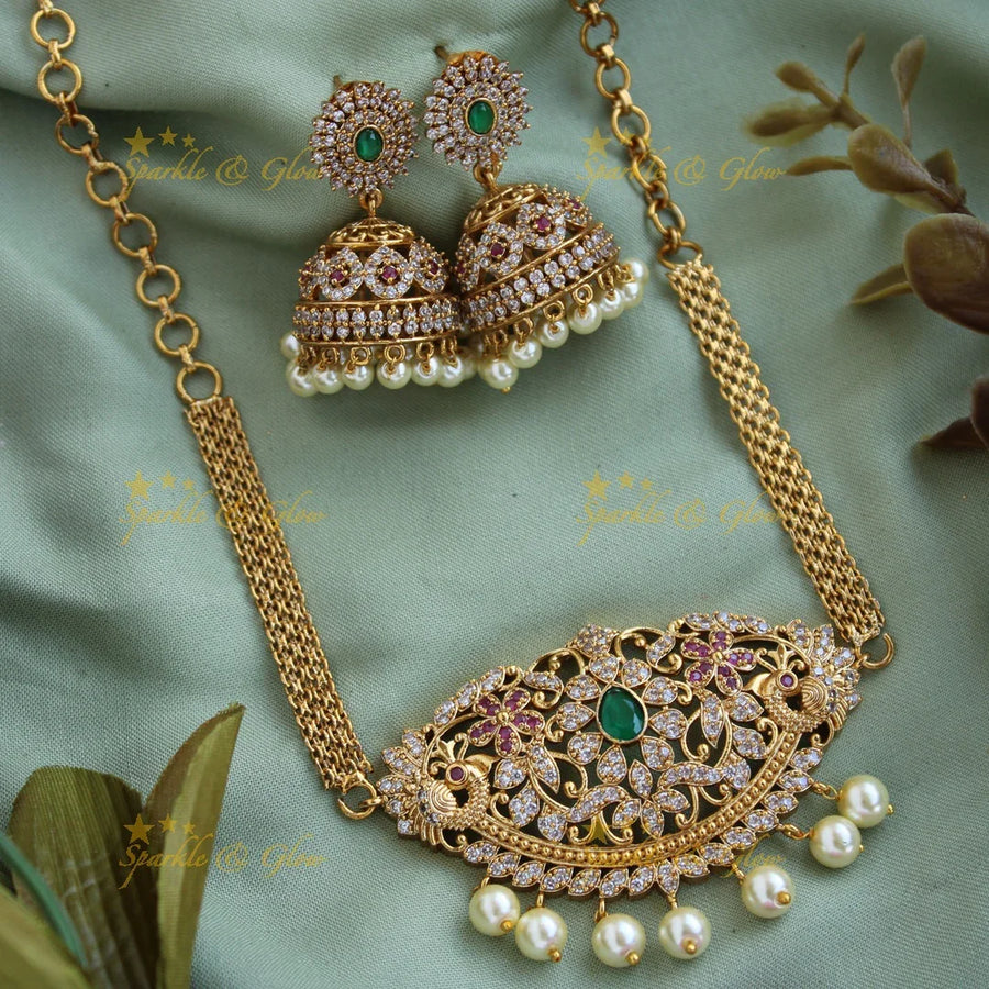 Beautiful Peacock floral pendent CZ stone choker with ruby emerald and pearls - Sparkle and Glow