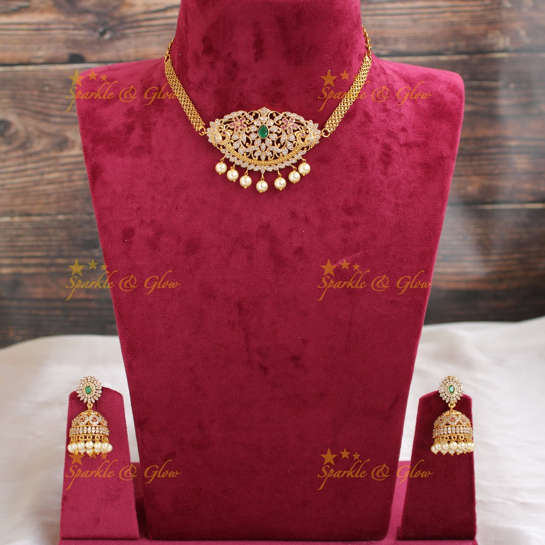 Beautiful Peacock floral pendent CZ stone choker with ruby emerald and pearls