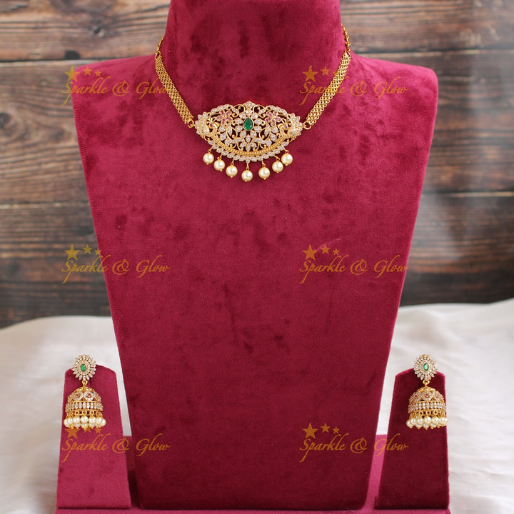 Beautiful Peacock floral pendent CZ stone choker with ruby emerald and pearls