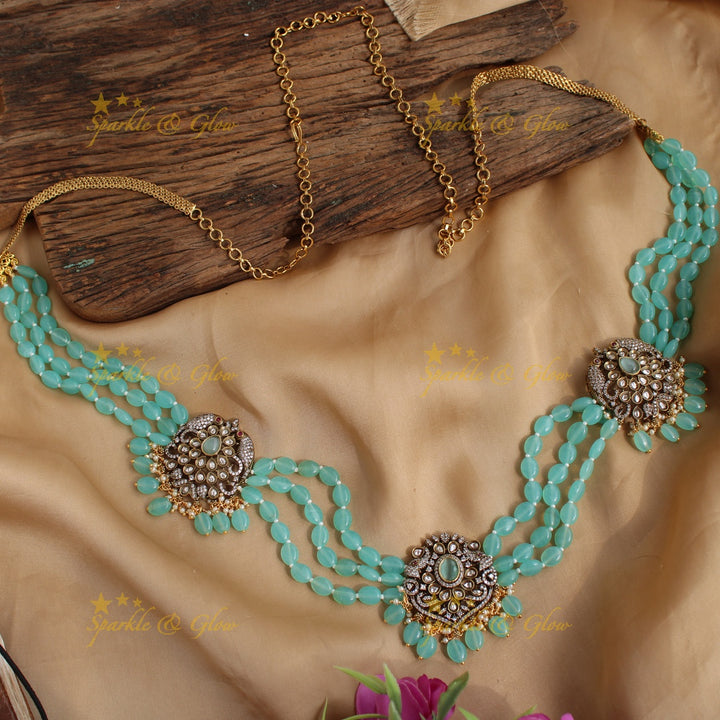 Beautiful multi layer sea blue beads peacock design Victorian AD Hip chain